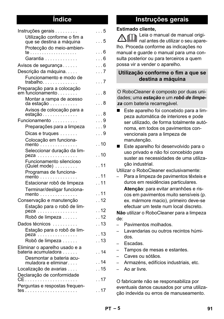 Português, Índice, Instruções gerais | Karcher Robot RC 3000 User Manual | Page 91 / 400