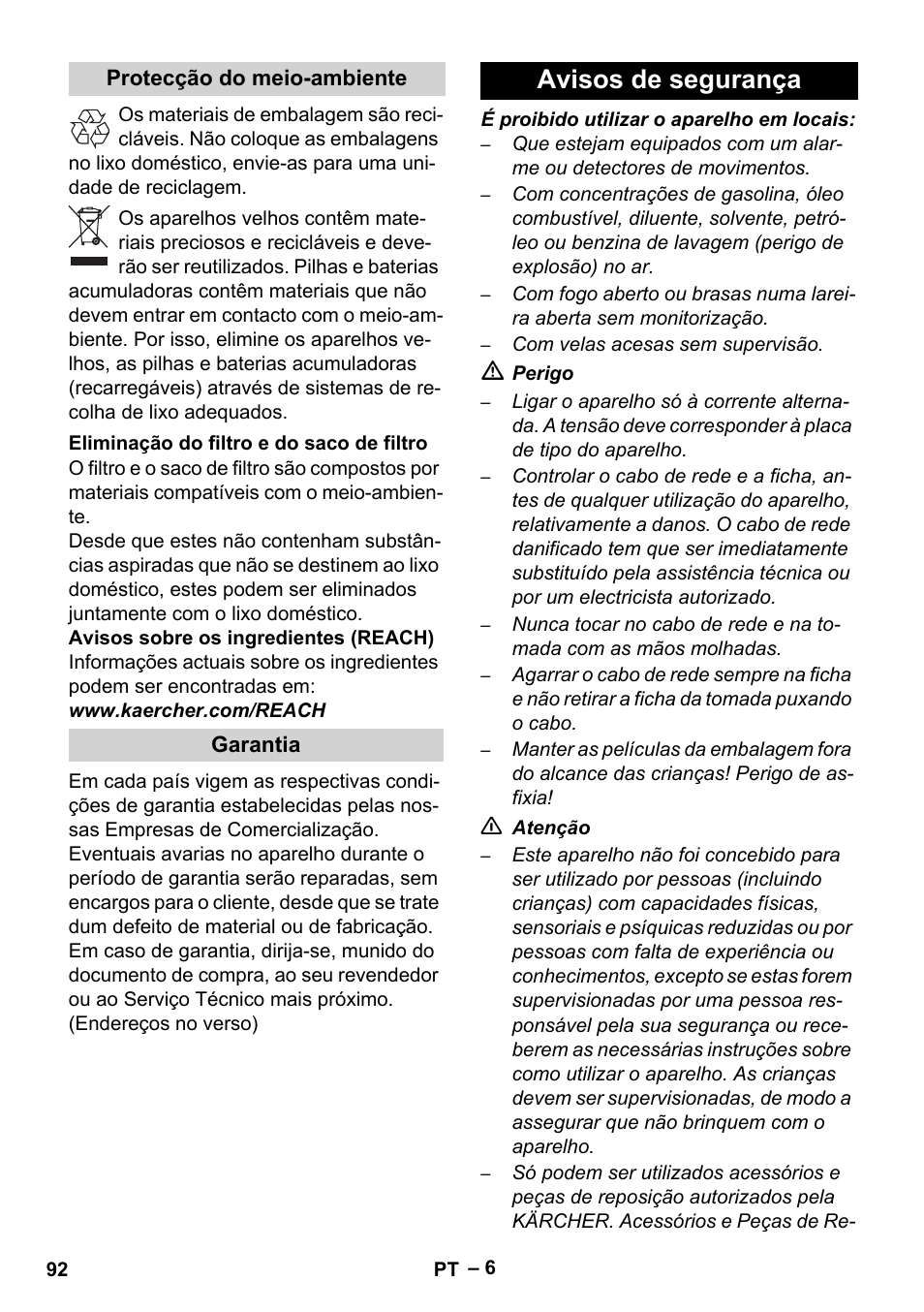 Avisos de segurança | Karcher Robot RC 3000 User Manual | Page 92 / 400