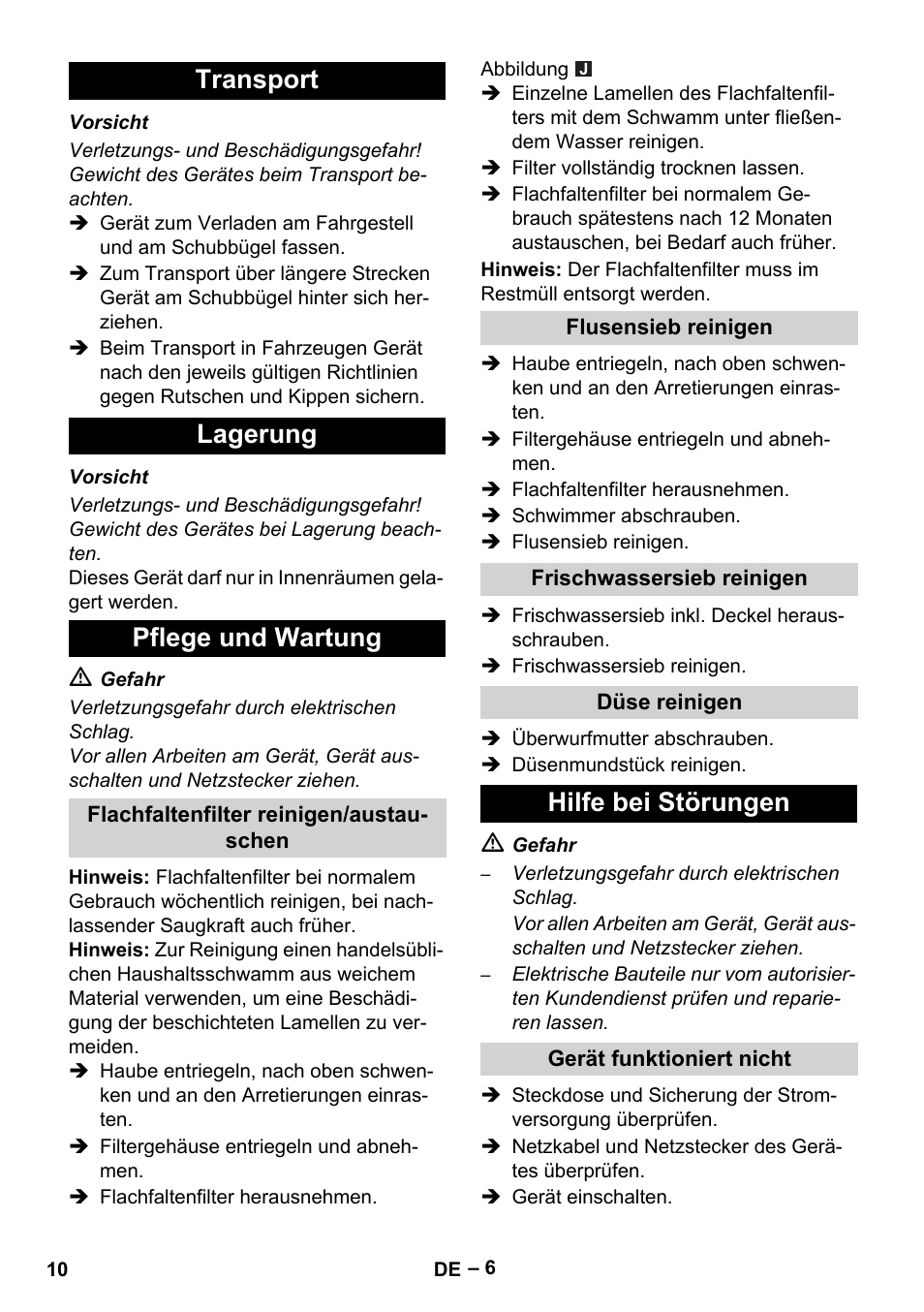 Transport, Lagerung, Pflege und wartung | Flachfaltenfilter reinigen/austauschen, Flusensieb reinigen, Frischwassersieb reinigen, Düse reinigen, Hilfe bei störungen, Gerät funktioniert nicht, Transport lagerung pflege und wartung | Karcher Puzzi 30-4 E User Manual | Page 10 / 244