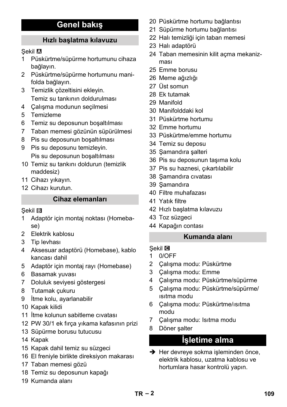 Genel bakış, Hızlı başlatma kılavuzu, Cihaz elemanları | Kumanda alanı, Işletime alma | Karcher Puzzi 30-4 E User Manual | Page 109 / 244