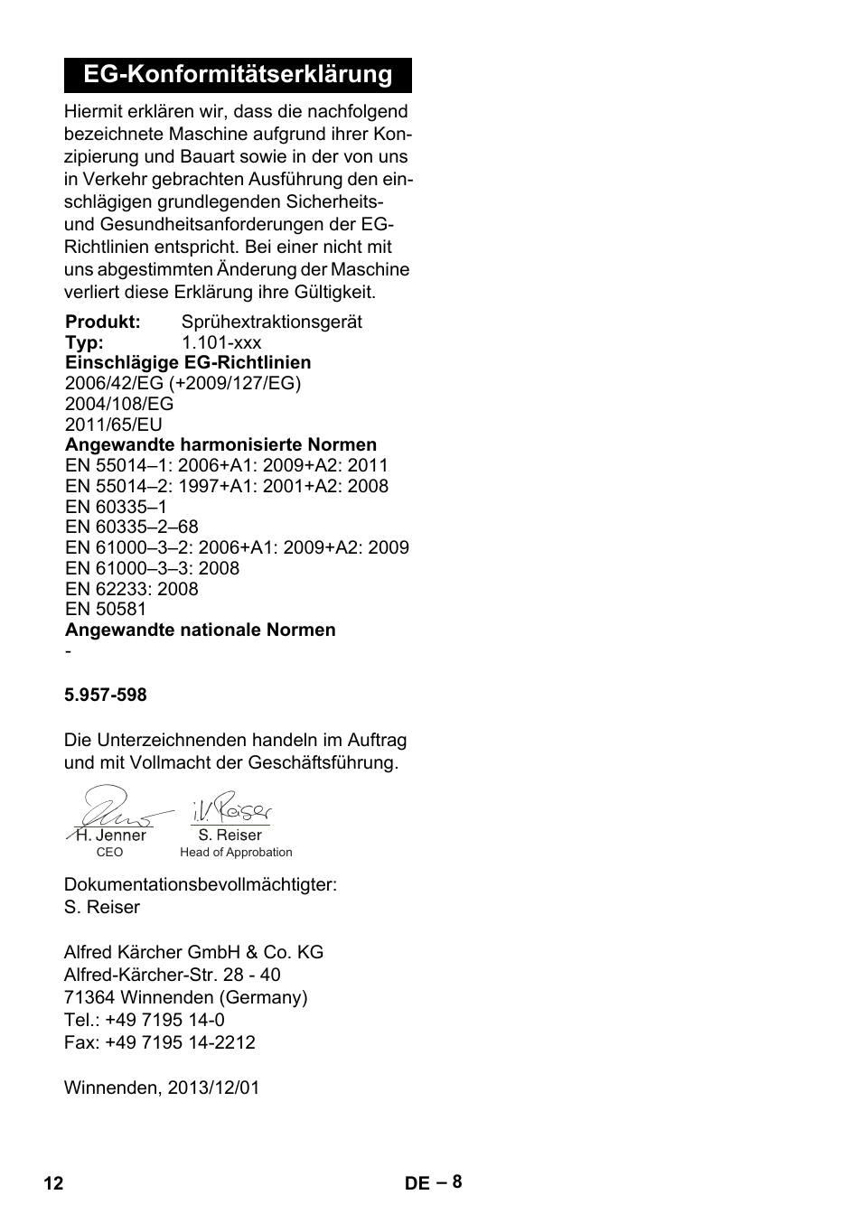 Eg-konformitätserklärung | Karcher Puzzi 30-4 E User Manual | Page 12 / 244