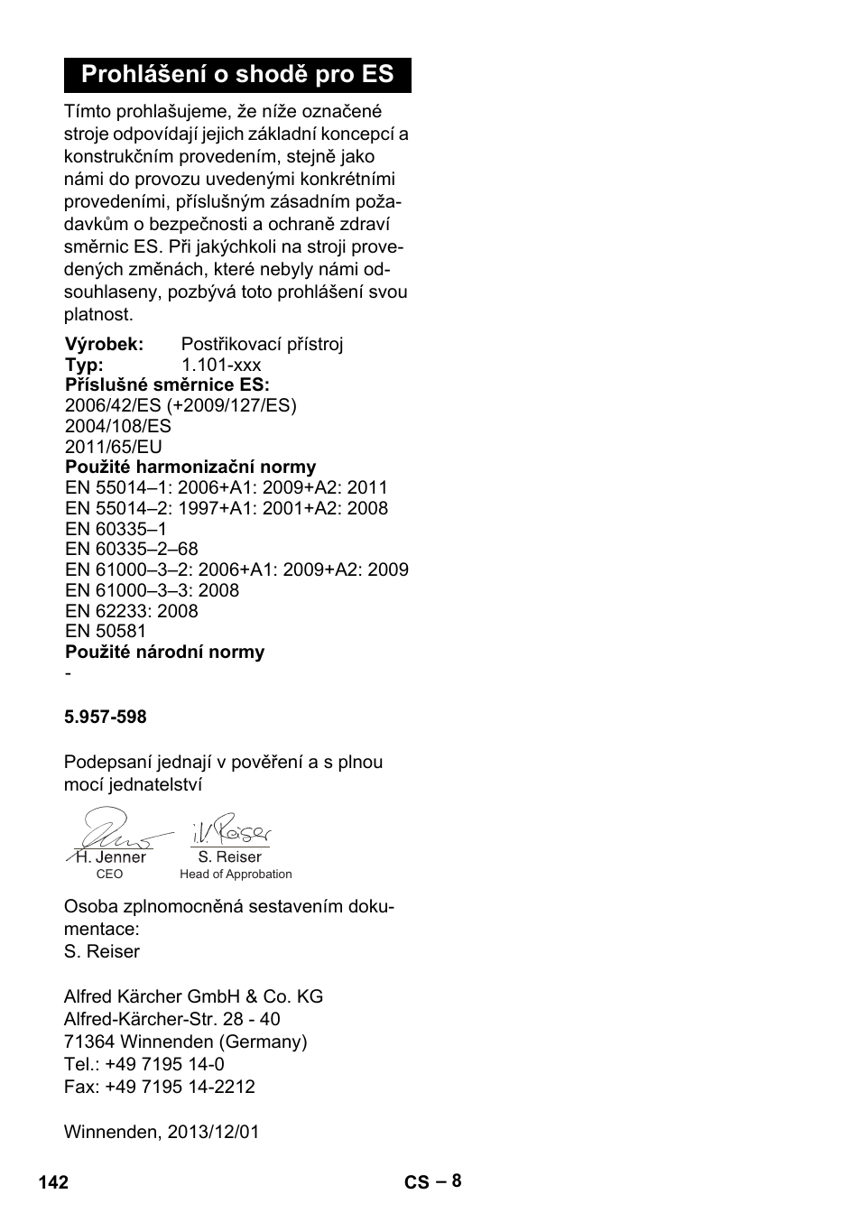 Prohlášení o shodě pro es | Karcher Puzzi 30-4 E User Manual | Page 142 / 244