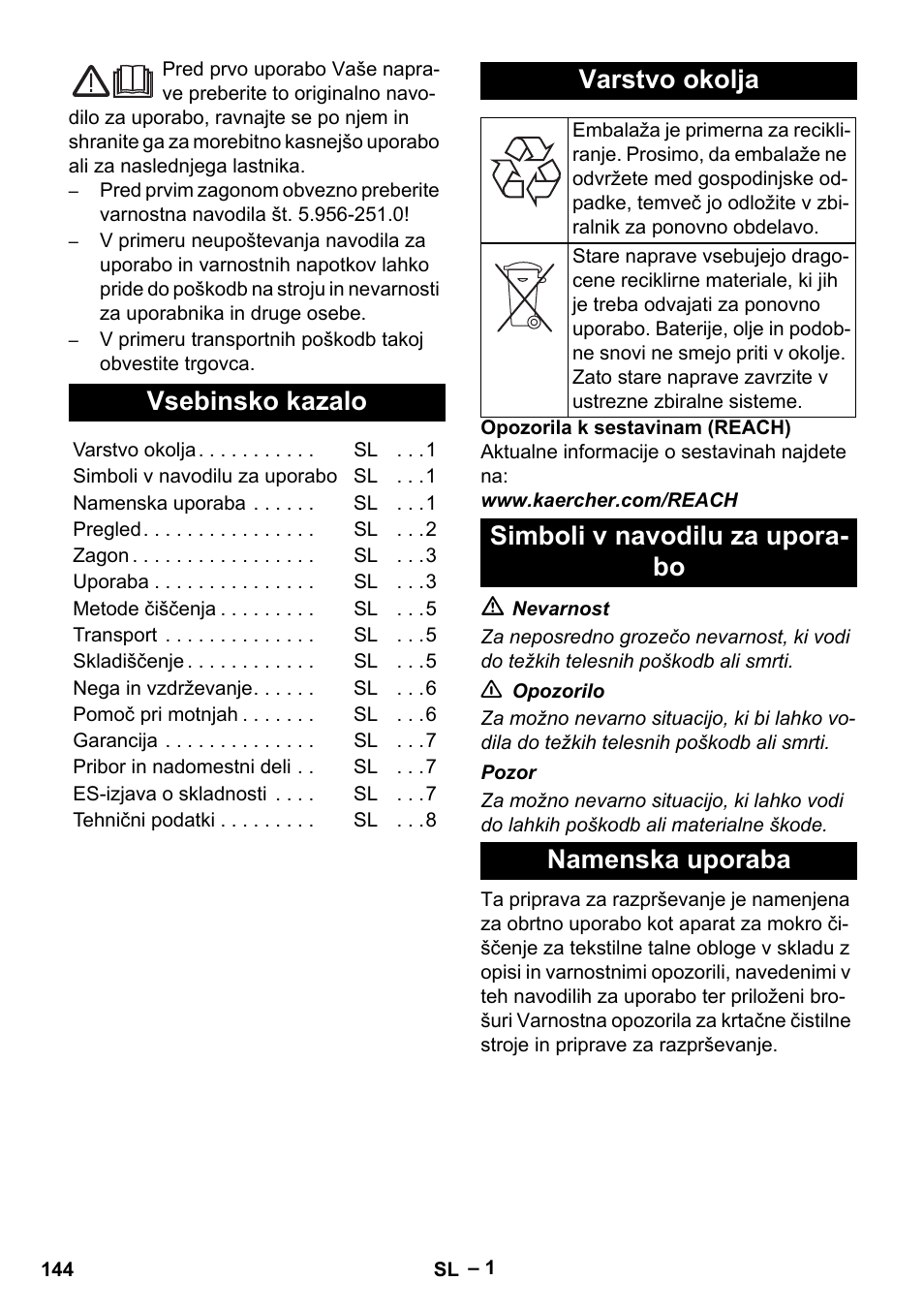 Slovenščina, Vsebinsko kazalo, Varstvo okolja | Simboli v navodilu za uporabo, Namenska uporaba, Simboli v navodilu za upora- bo namenska uporaba | Karcher Puzzi 30-4 E User Manual | Page 144 / 244