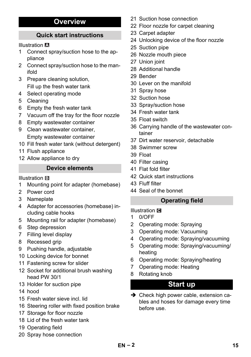 Overview, Quick start instructions, Device elements | Operating field, Start up | Karcher Puzzi 30-4 E User Manual | Page 15 / 244