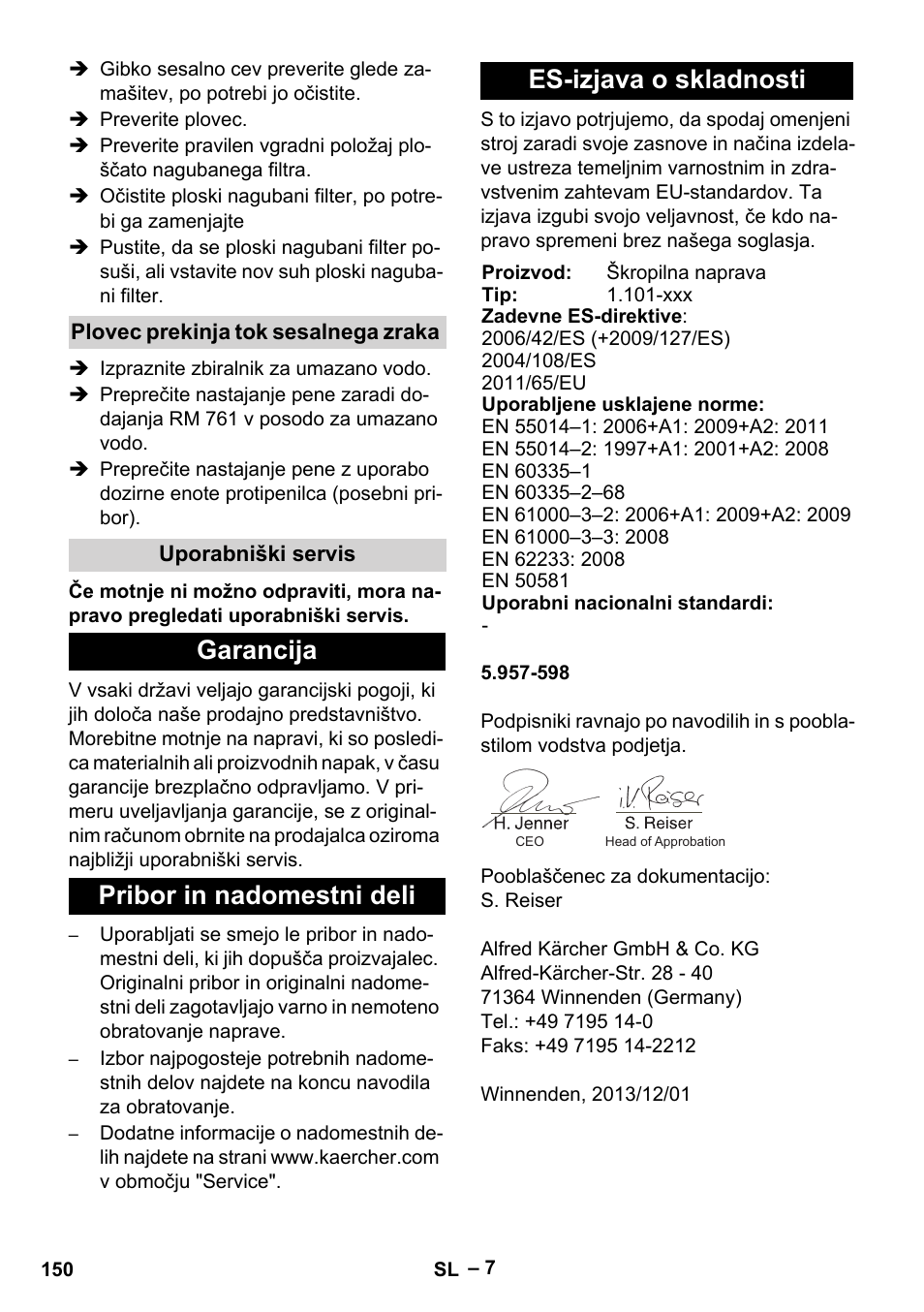 Plovec prekinja tok sesalnega zraka, Uporabniški servis, Garancija | Pribor in nadomestni deli, Es-izjava o skladnosti | Karcher Puzzi 30-4 E User Manual | Page 150 / 244