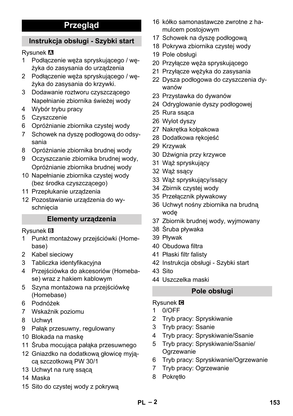 Przegląd, Instrukcja obsługi - szybki start, Elementy urządzenia | Pole obsługi | Karcher Puzzi 30-4 E User Manual | Page 153 / 244