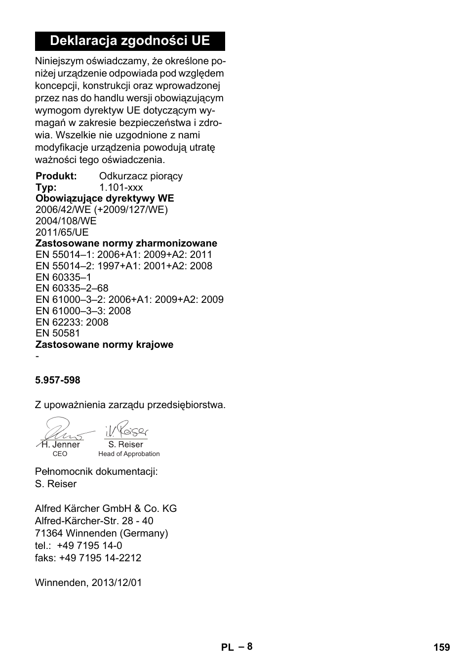 Deklaracja zgodności ue | Karcher Puzzi 30-4 E User Manual | Page 159 / 244