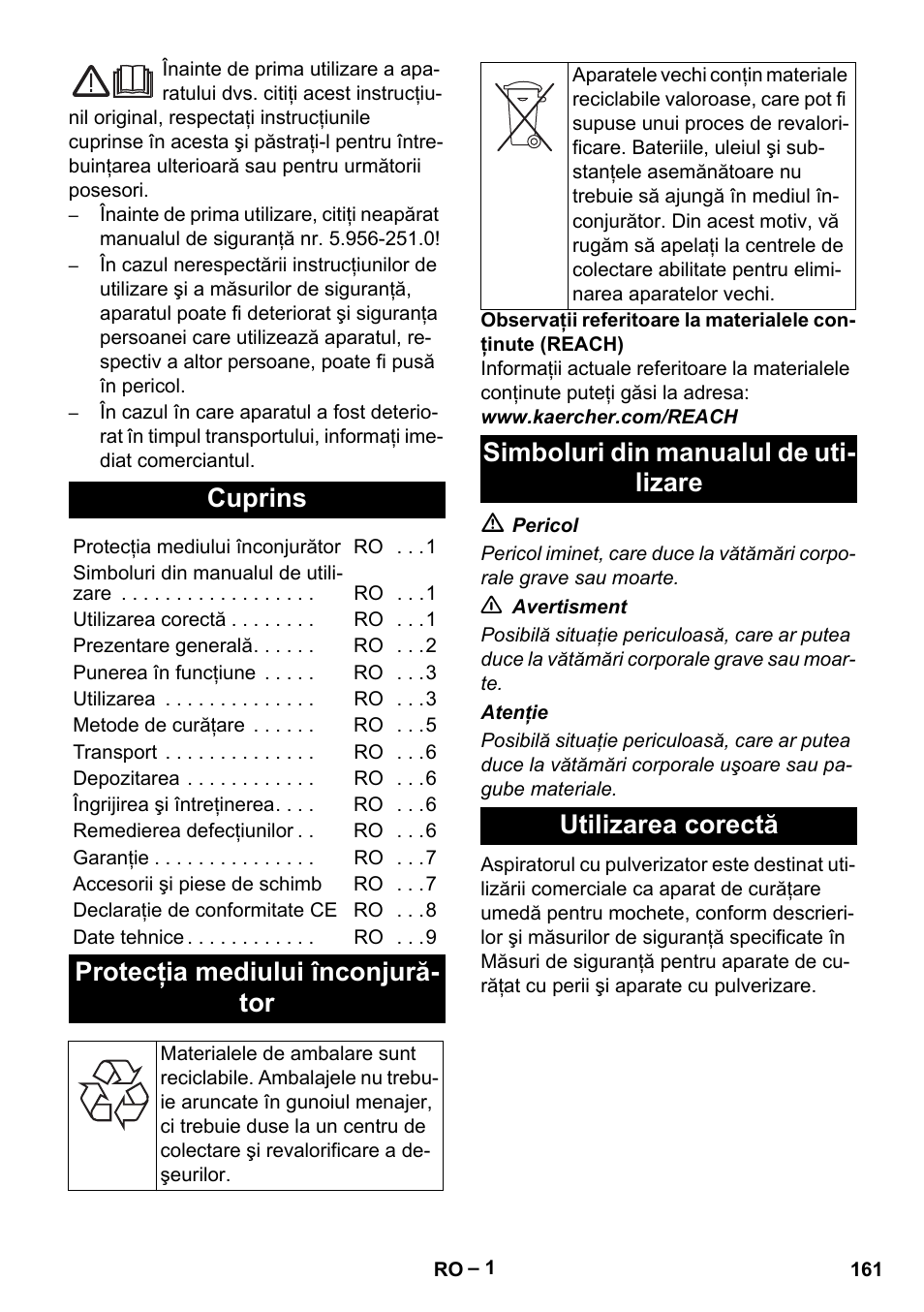 Româneşte, Cuprins, Protecţia mediului înconjurător | Simboluri din manualul de utilizare, Utilizarea corectă, Protecţia mediului înconjură- tor | Karcher Puzzi 30-4 E User Manual | Page 161 / 244