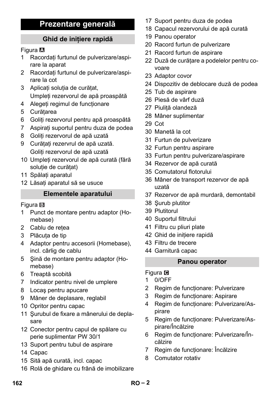 Prezentare generală, Ghid de iniţiere rapidă, Elementele aparatului | Panou operator | Karcher Puzzi 30-4 E User Manual | Page 162 / 244