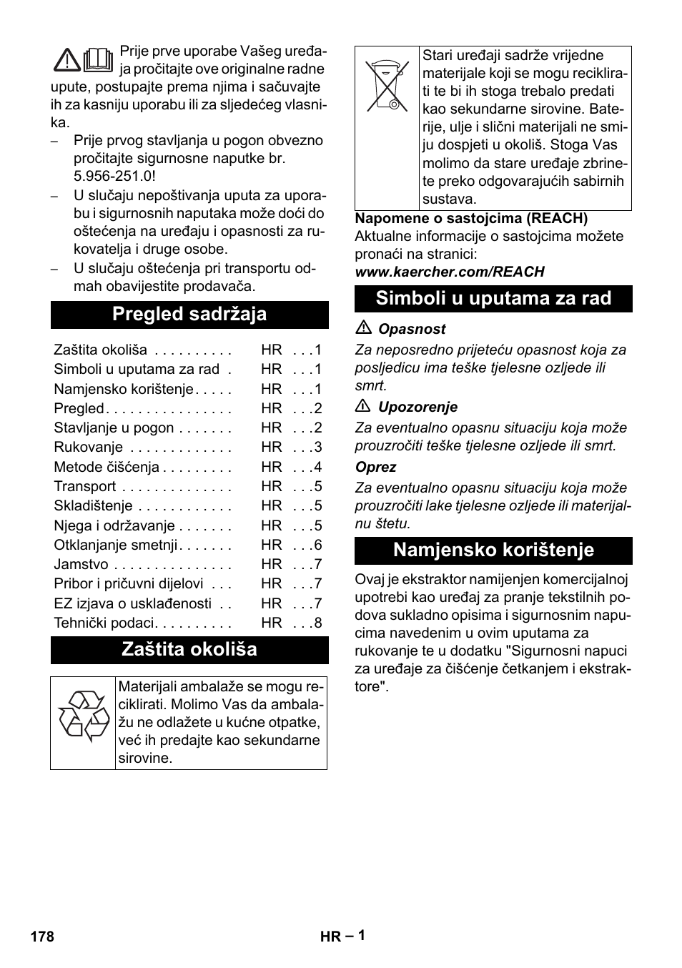 Hrvatski, Pregled sadržaja, Zaštita okoliša | Simboli u uputama za rad, Namjensko korištenje, Simboli u uputama za rad namjensko korištenje | Karcher Puzzi 30-4 E User Manual | Page 178 / 244