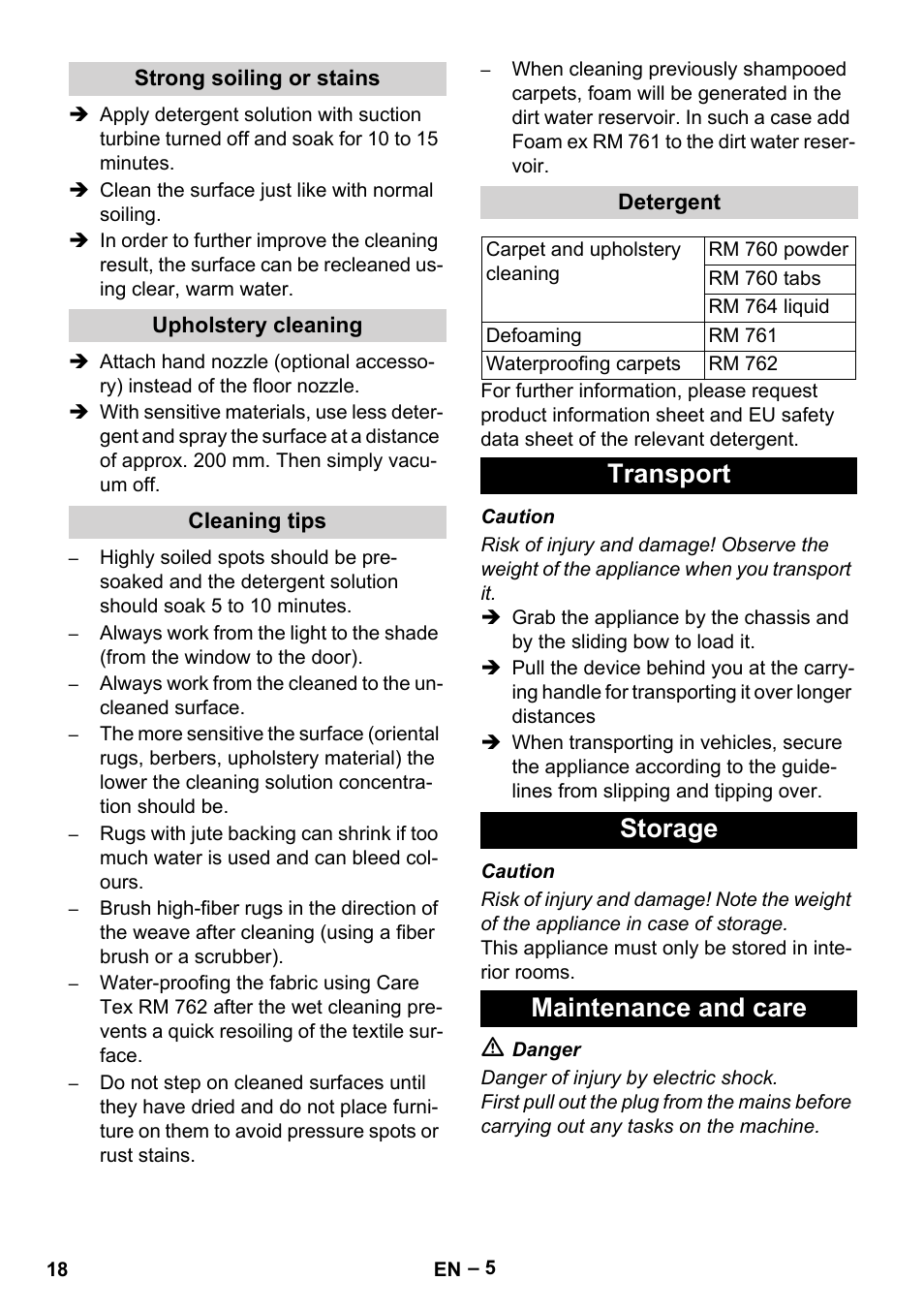 Strong soiling or stains, Upholstery cleaning, Cleaning tips | Detergent, Transport, Storage, Maintenance and care, Transport storage maintenance and care | Karcher Puzzi 30-4 E User Manual | Page 18 / 244