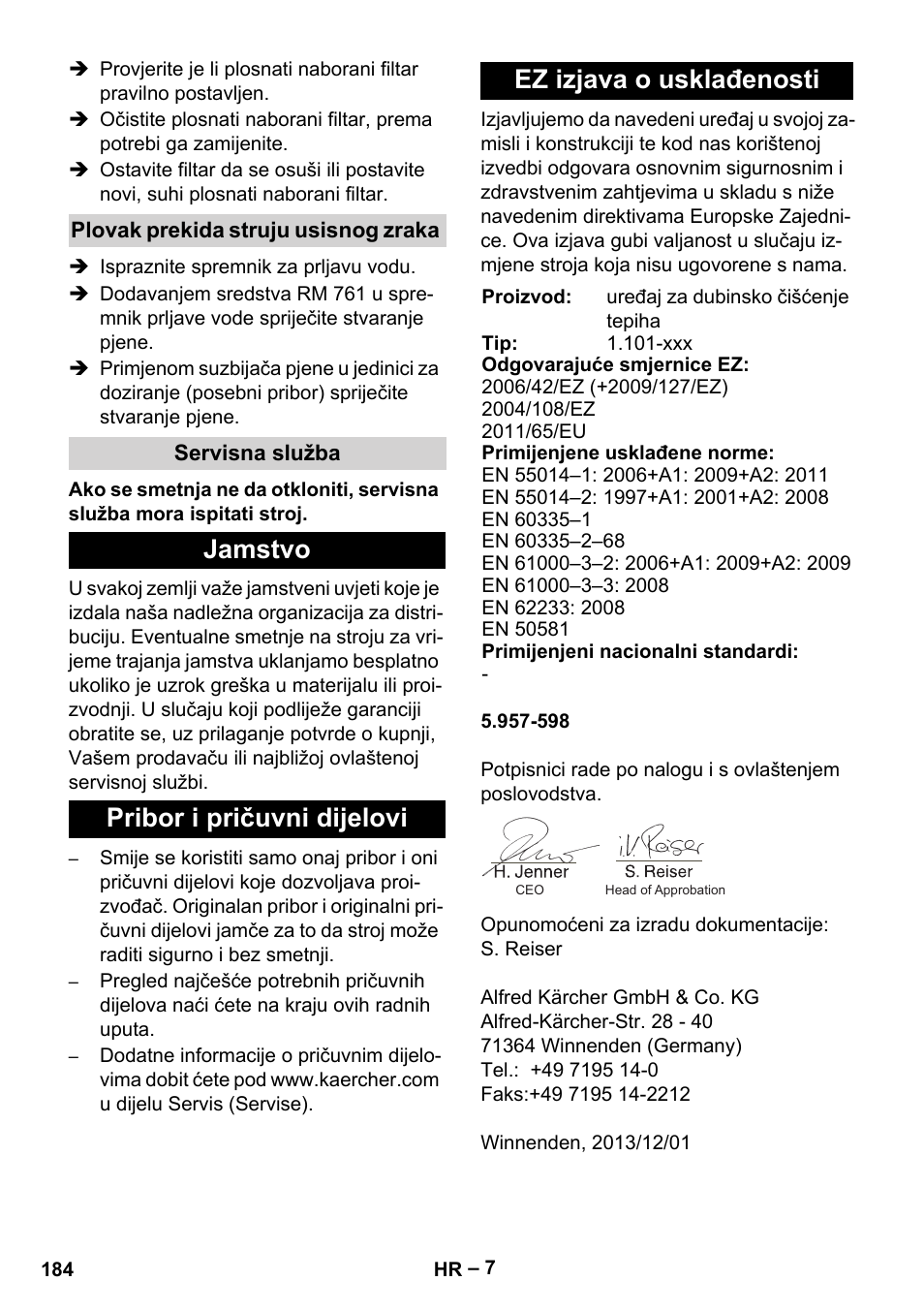 Plovak prekida struju usisnog zraka, Servisna služba, Jamstvo | Pribor i pričuvni dijelovi, Ez izjava o usklađenosti | Karcher Puzzi 30-4 E User Manual | Page 184 / 244