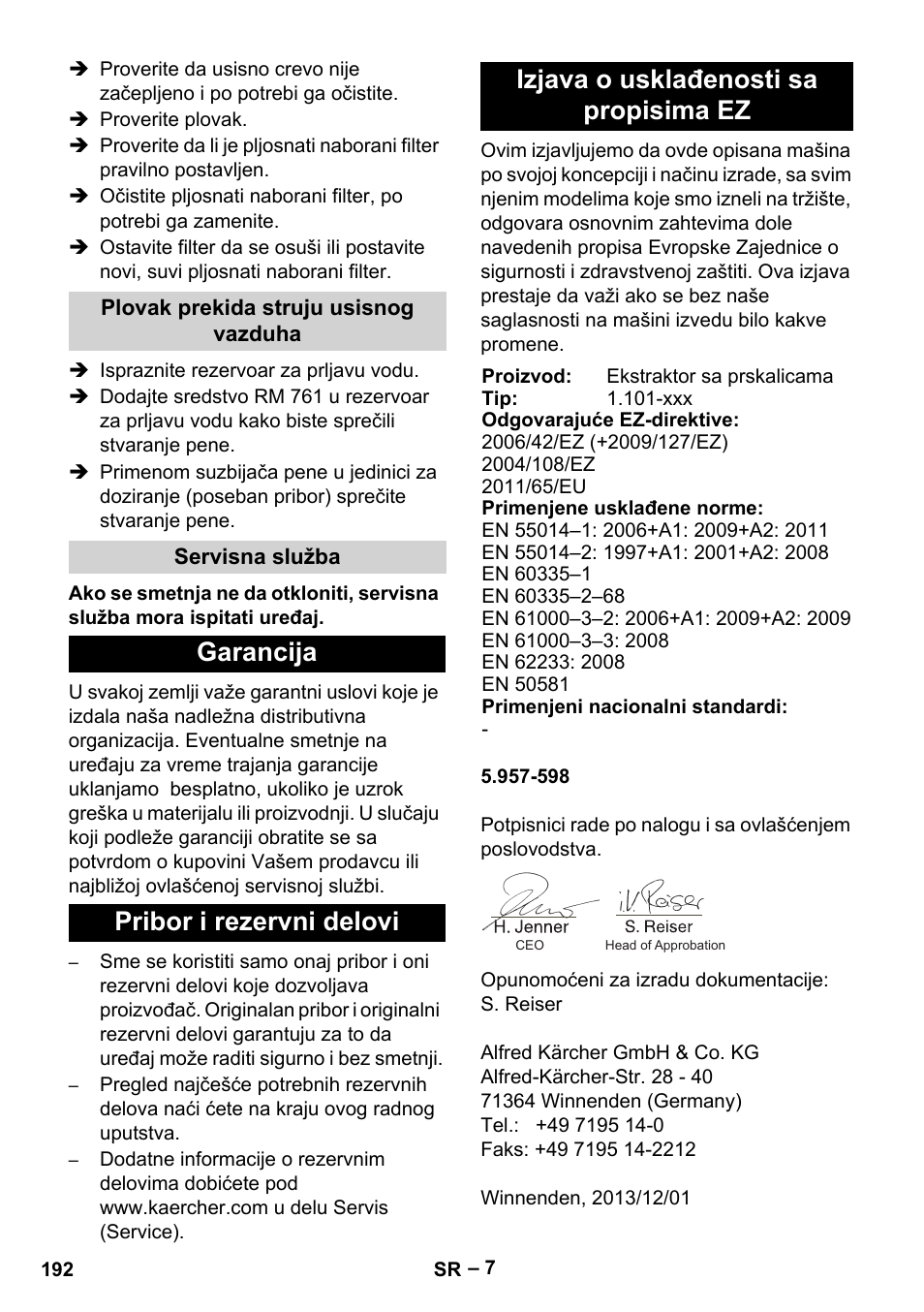 Plovak prekida struju usisnog vazduha, Servisna služba, Garancija | Pribor i rezervni delovi, Izjava o usklađenosti sa propisima ez | Karcher Puzzi 30-4 E User Manual | Page 192 / 244