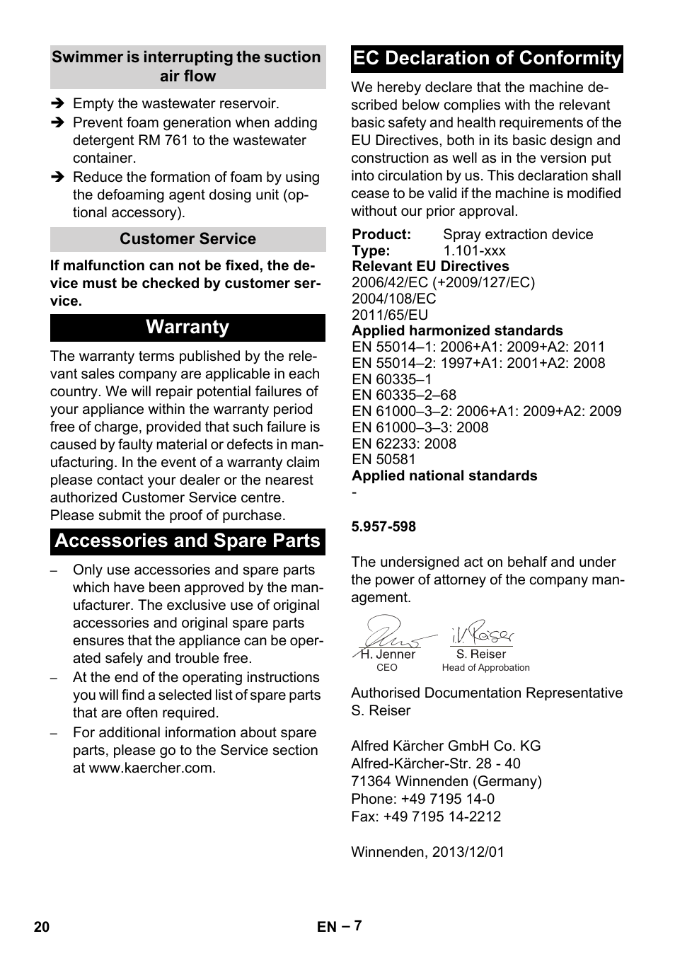 Swimmer is interrupting the suction air flow, Customer service, Warranty | Accessories and spare parts, Ec declaration of conformity | Karcher Puzzi 30-4 E User Manual | Page 20 / 244