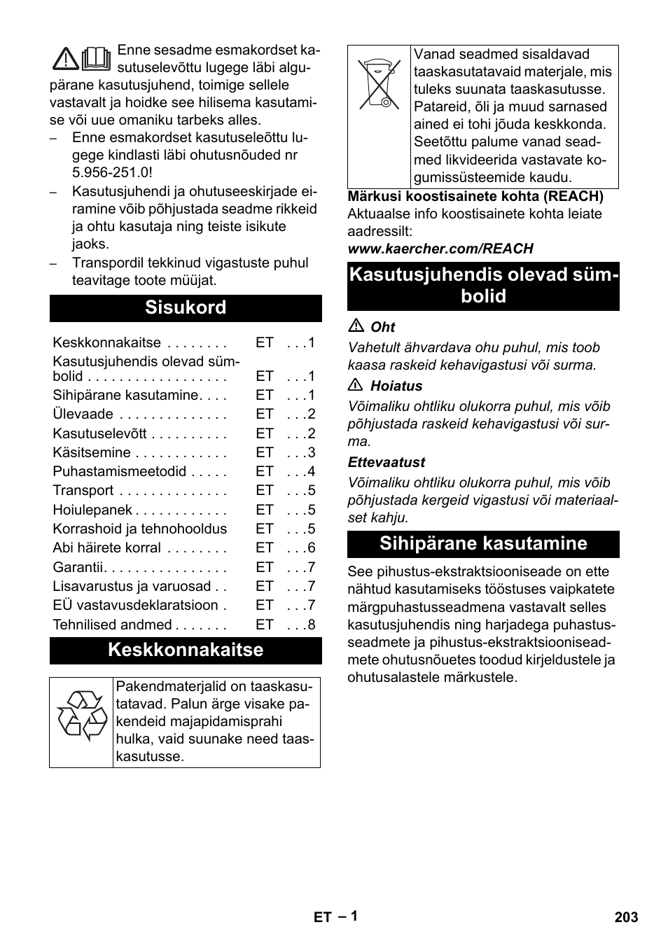 Eesti, Sisukord, Keskkonnakaitse | Kasutusjuhendis olevad sümbolid, Sihipärane kasutamine | Karcher Puzzi 30-4 E User Manual | Page 203 / 244