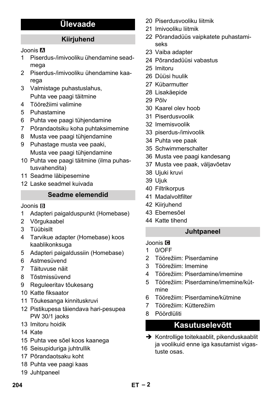 Ülevaade, Kiirjuhend, Seadme elemendid | Juhtpaneel, Kasutuselevõtt | Karcher Puzzi 30-4 E User Manual | Page 204 / 244