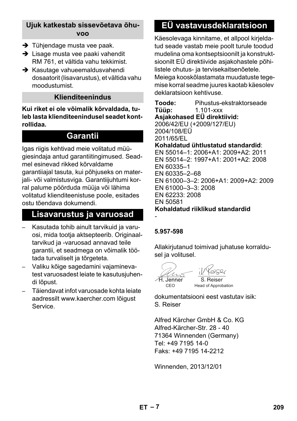 Ujuk katkestab sissevõetava õhuvoo, Klienditeenindus, Garantii | Lisavarustus ja varuosad, Eü vastavusdeklaratsioon | Karcher Puzzi 30-4 E User Manual | Page 209 / 244