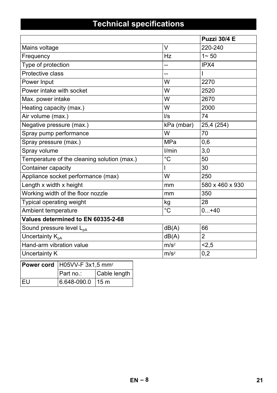 Technical specifications | Karcher Puzzi 30-4 E User Manual | Page 21 / 244