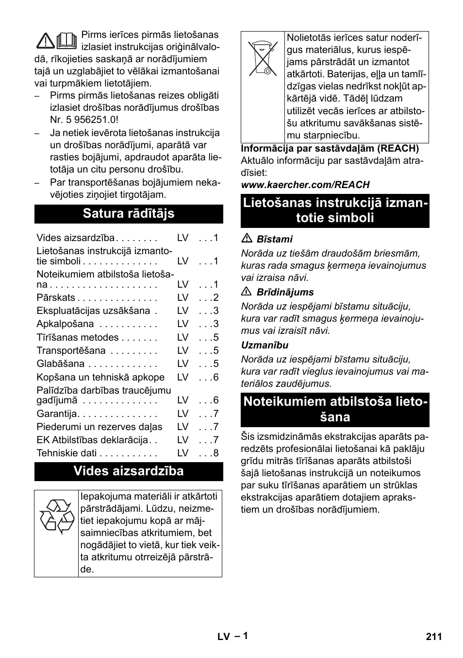 Latviešu, Satura rādītājs, Vides aizsardzība | Lietošanas instrukcijā izmantotie simboli, Noteikumiem atbilstoša lietošana | Karcher Puzzi 30-4 E User Manual | Page 211 / 244