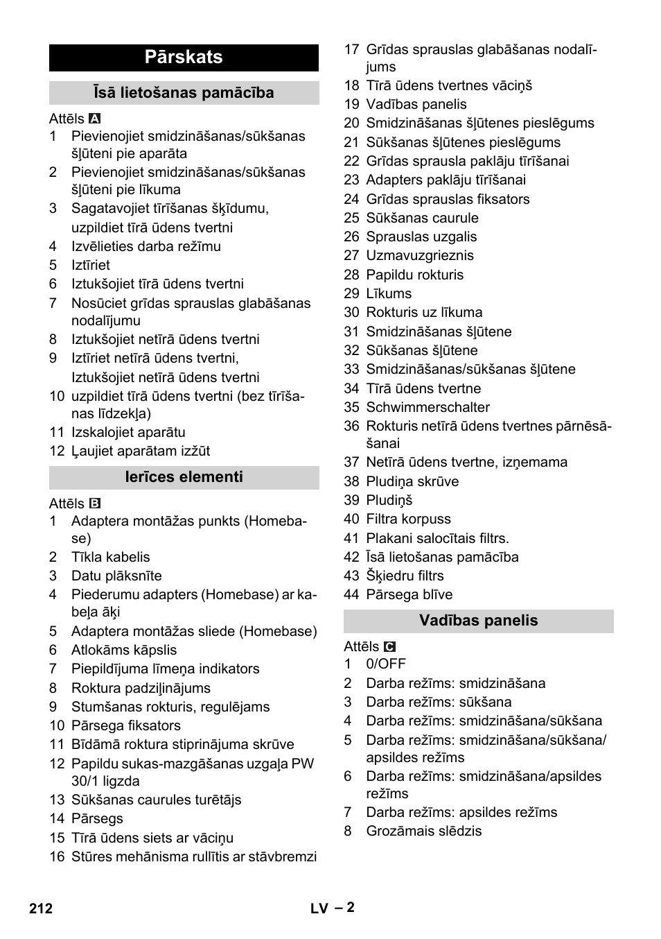 Pārskats, Īsā lietošanas pamācība, Ierīces elementi | Vadības panelis | Karcher Puzzi 30-4 E User Manual | Page 212 / 244
