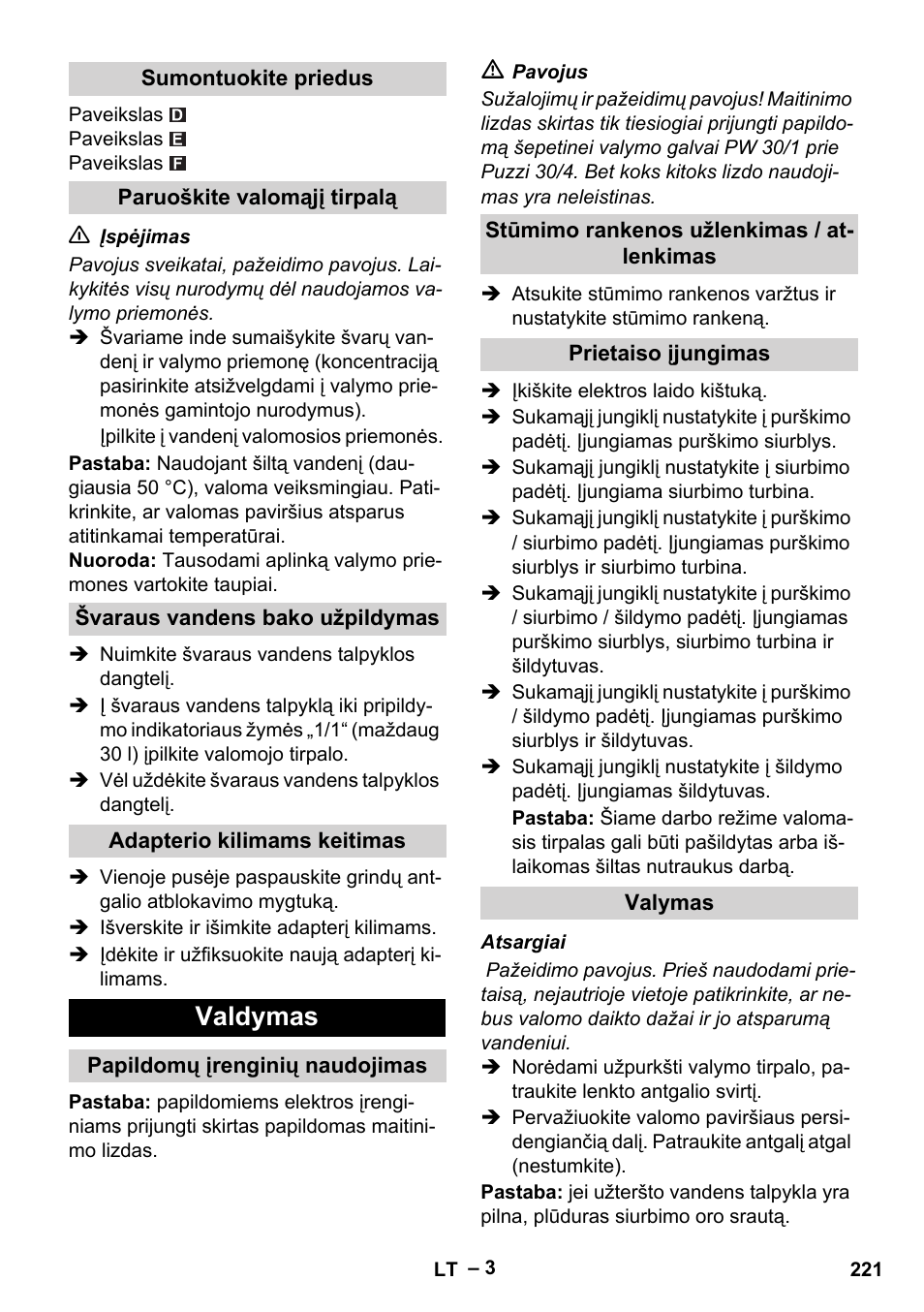 Sumontuokite priedus, Paruoškite valomąjį tirpalą, Švaraus vandens bako užpildymas | Adapterio kilimams keitimas, Valdymas, Papildomų įrenginių naudojimas, Stūmimo rankenos užlenkimas / atlenkimas, Prietaiso įjungimas, Valymas | Karcher Puzzi 30-4 E User Manual | Page 221 / 244