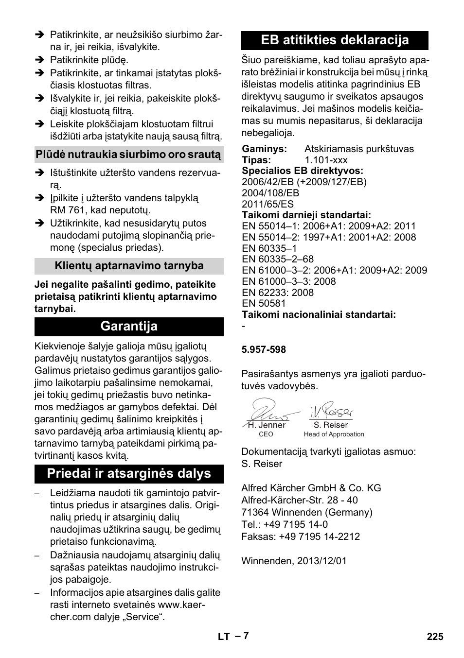 Plūdė nutraukia siurbimo oro srautą, Klientų aptarnavimo tarnyba, Garantija | Priedai ir atsarginės dalys, Eb atitikties deklaracija | Karcher Puzzi 30-4 E User Manual | Page 225 / 244