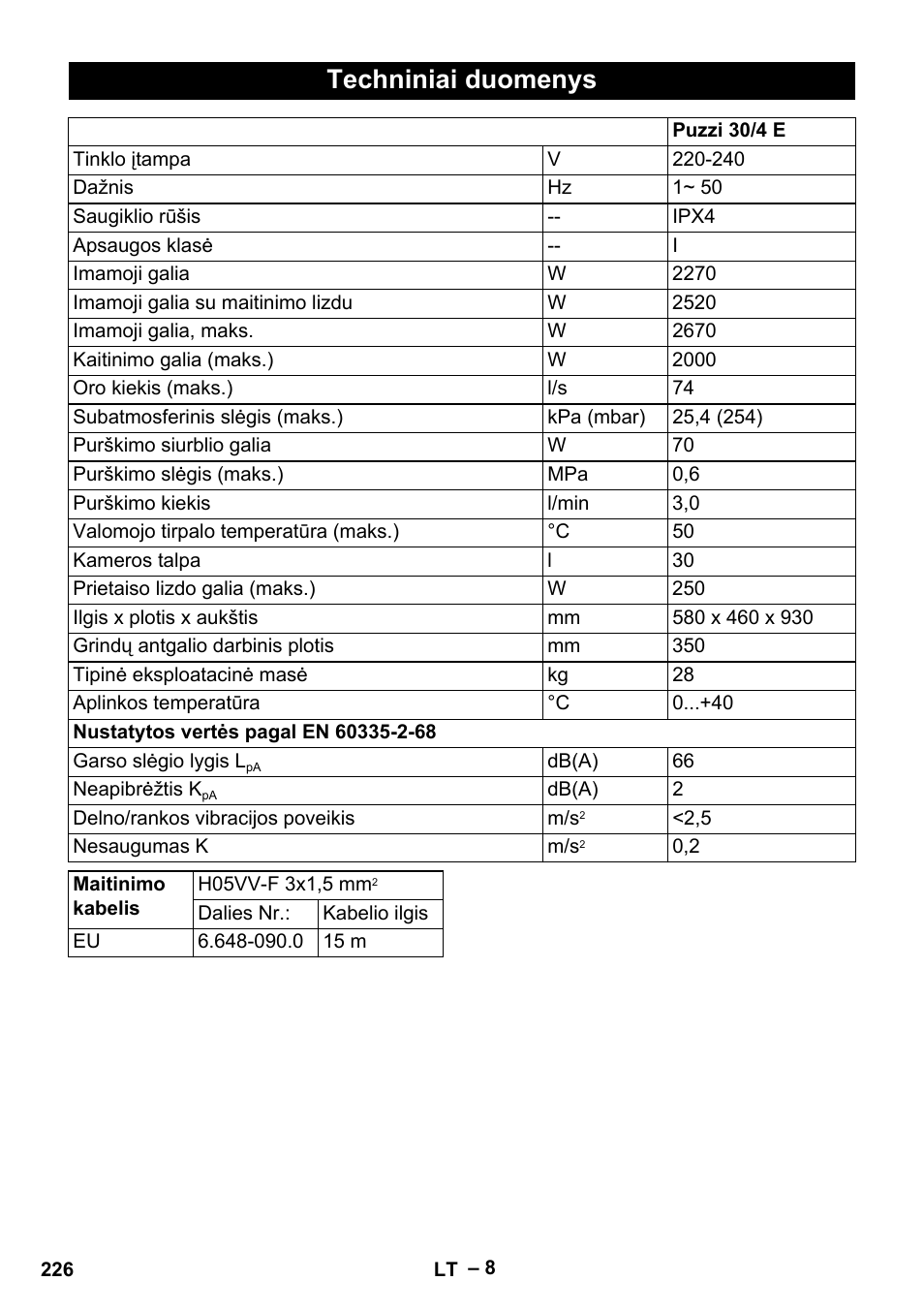 Techniniai duomenys | Karcher Puzzi 30-4 E User Manual | Page 226 / 244