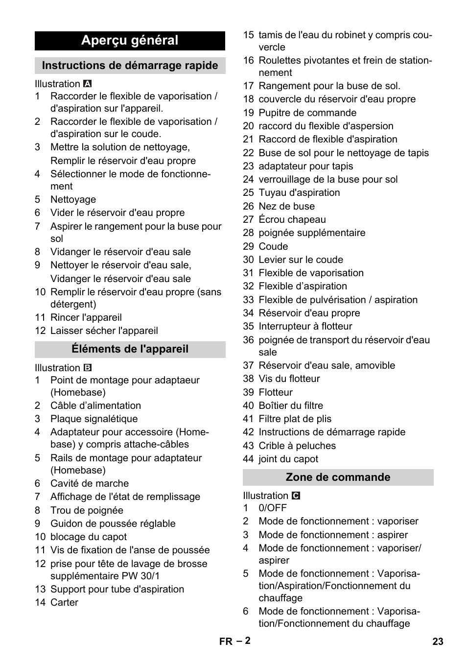 Aperçu général, Instructions de démarrage rapide, Éléments de l'appareil | Zone de commande | Karcher Puzzi 30-4 E User Manual | Page 23 / 244