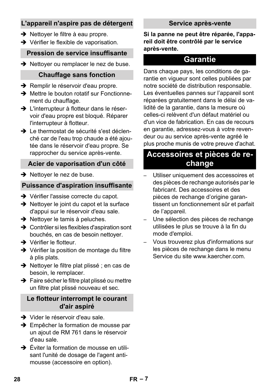 L'appareil n'aspire pas de détergent, Pression de service insuffisante, Chauffage sans fonction | Acier de vaporisation d'un côté, Puissance d'aspiration insuffisante, Le flotteur interrompt le courant d'air aspiré, Service après-vente, Garantie, Accessoires et pièces de rechange, Garantie accessoires et pièces de re- change | Karcher Puzzi 30-4 E User Manual | Page 28 / 244
