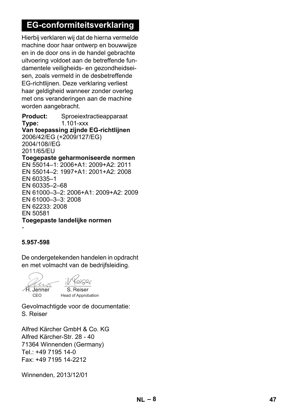 Eg-conformiteitsverklaring | Karcher Puzzi 30-4 E User Manual | Page 47 / 244