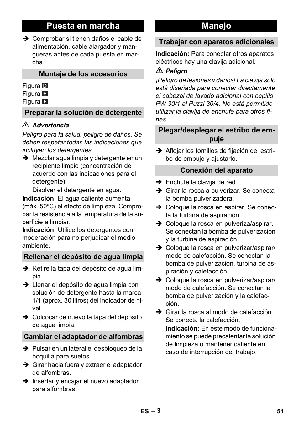 Puesta en marcha, Montaje de los accesorios, Preparar la solución de detergente | Rellenar el depósito de agua limpia, Cambiar el adaptador de alfombras, Manejo, Trabajar con aparatos adicionales, Plegar/desplegar el estribo de empuje, Conexión del aparato | Karcher Puzzi 30-4 E User Manual | Page 51 / 244