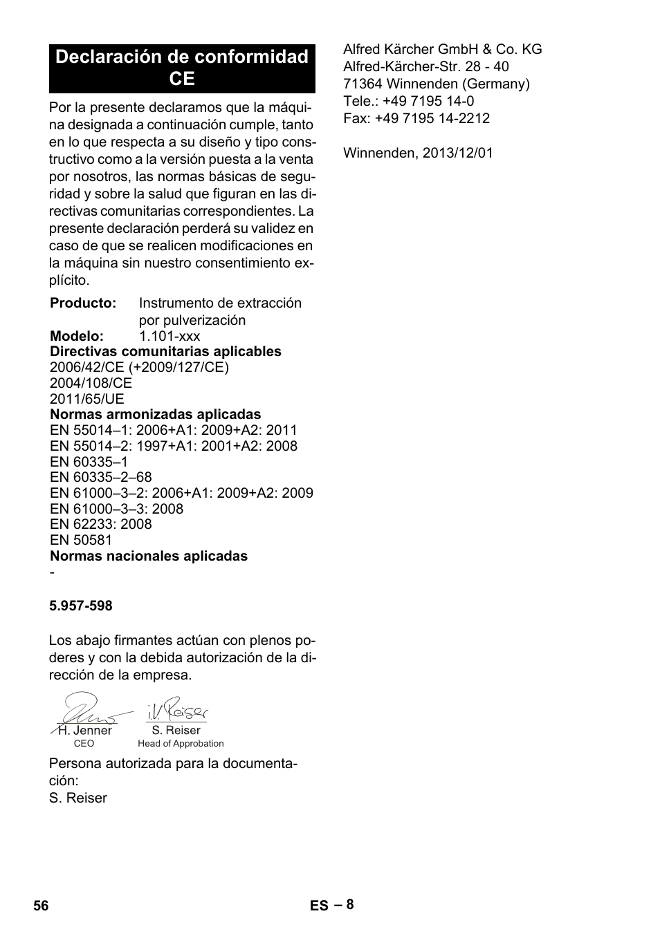 Declaración de conformidad ce | Karcher Puzzi 30-4 E User Manual | Page 56 / 244