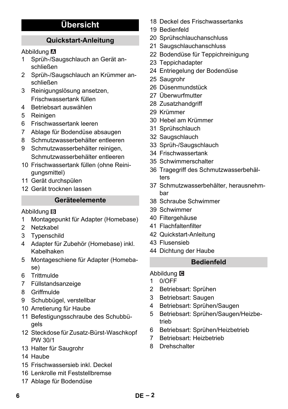 Übersicht, Quickstart-anleitung, Geräteelemente | Bedienfeld | Karcher Puzzi 30-4 E User Manual | Page 6 / 244