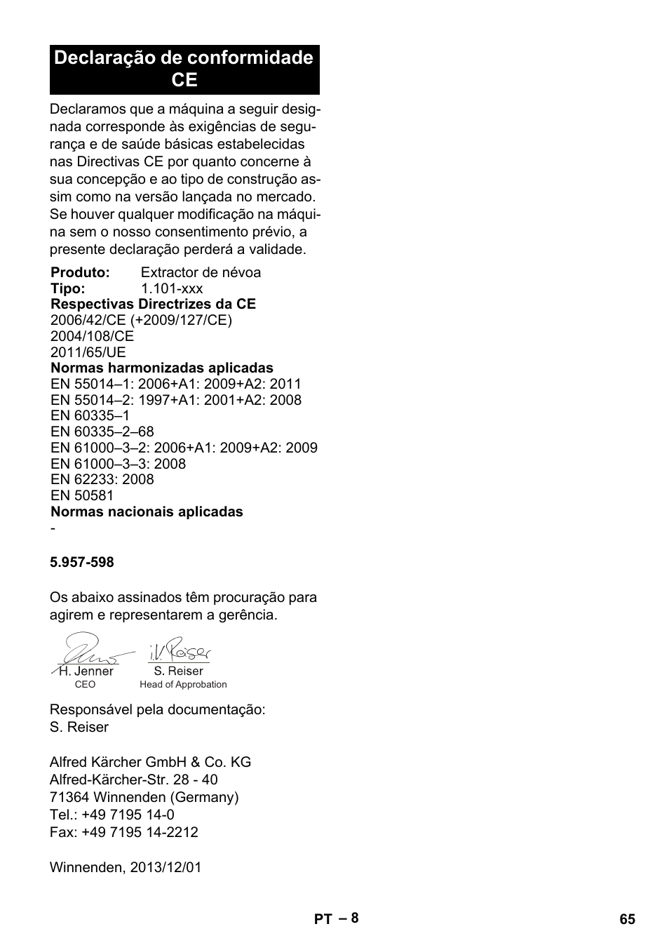 Declaração de conformidade ce | Karcher Puzzi 30-4 E User Manual | Page 65 / 244