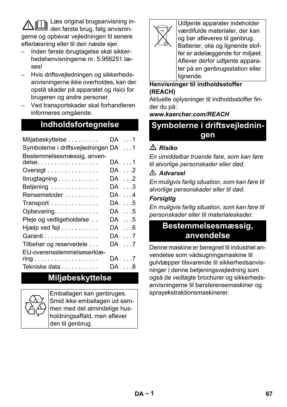 Dansk, Indholdsfortegnelse, Miljøbeskyttelse | Symbolerne i driftsvejledningen, Bestemmelsesmæssig‚ anvendelse | Karcher Puzzi 30-4 E User Manual | Page 67 / 244
