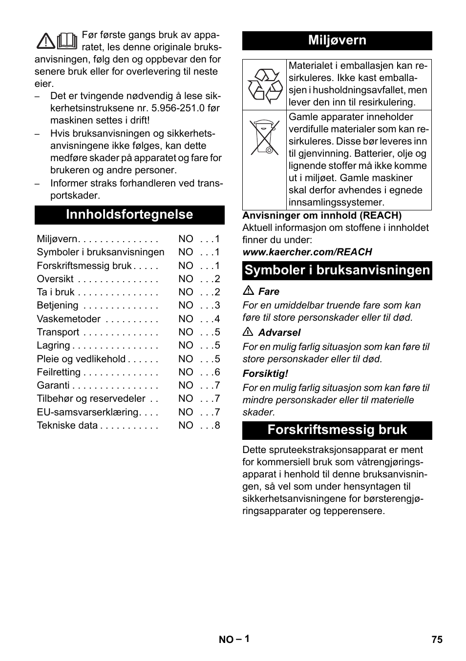 Norsk, Innholdsfortegnelse, Miljøvern | Symboler i bruksanvisningen, Forskriftsmessig bruk, Symboler i bruksanvisningen forskriftsmessig bruk | Karcher Puzzi 30-4 E User Manual | Page 75 / 244