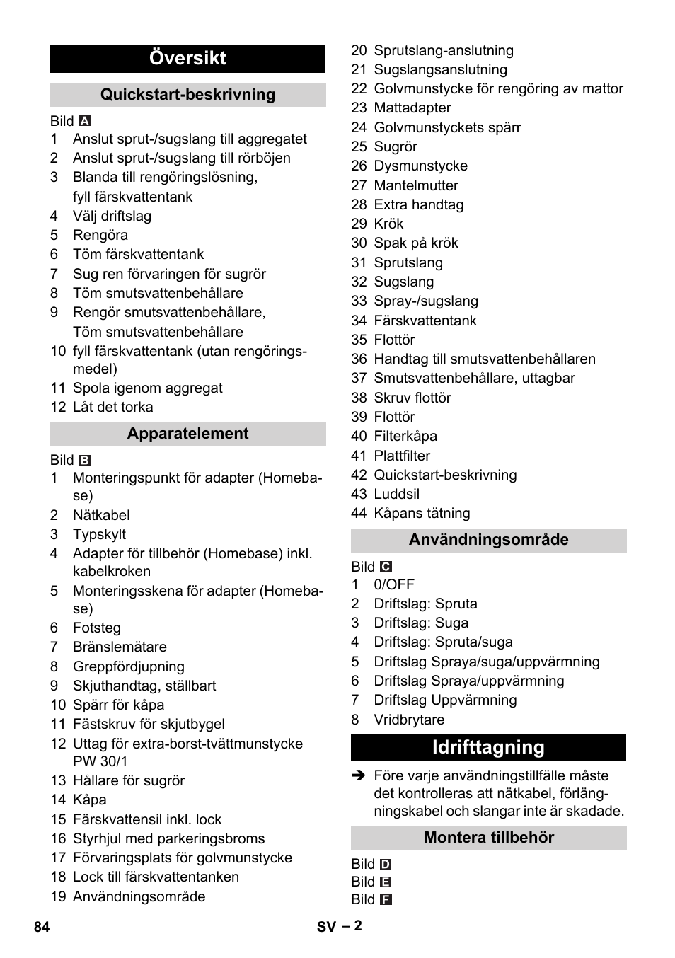 Översikt, Quickstart-beskrivning, Apparatelement | Användningsområde, Idrifttagning, Montera tillbehör | Karcher Puzzi 30-4 E User Manual | Page 84 / 244