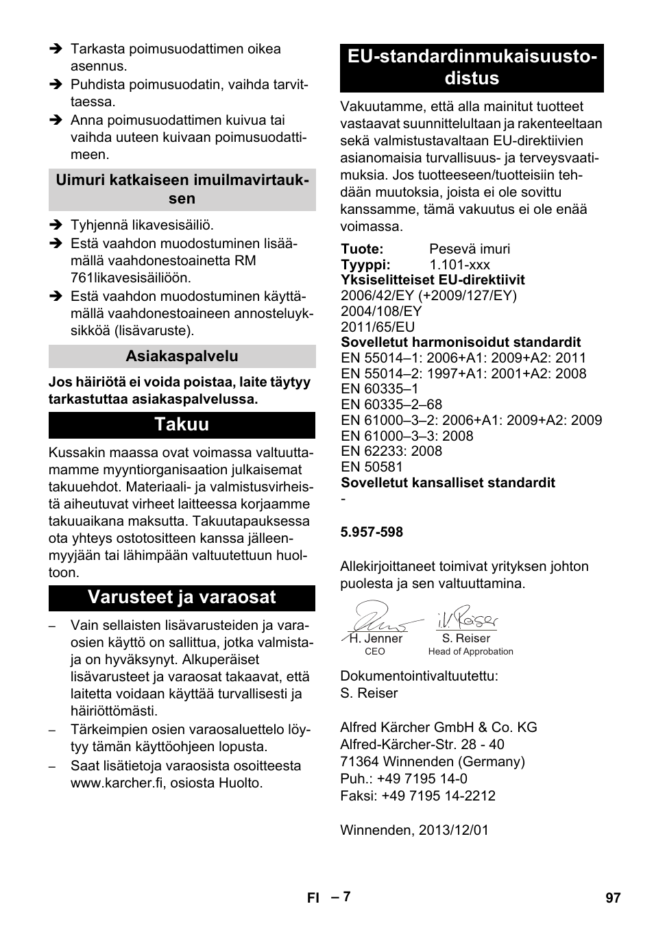 Uimuri katkaiseen imuilmavirtauksen, Asiakaspalvelu, Takuu | Varusteet ja varaosat, Eu-standardinmukaisuustodistus | Karcher Puzzi 30-4 E User Manual | Page 97 / 244