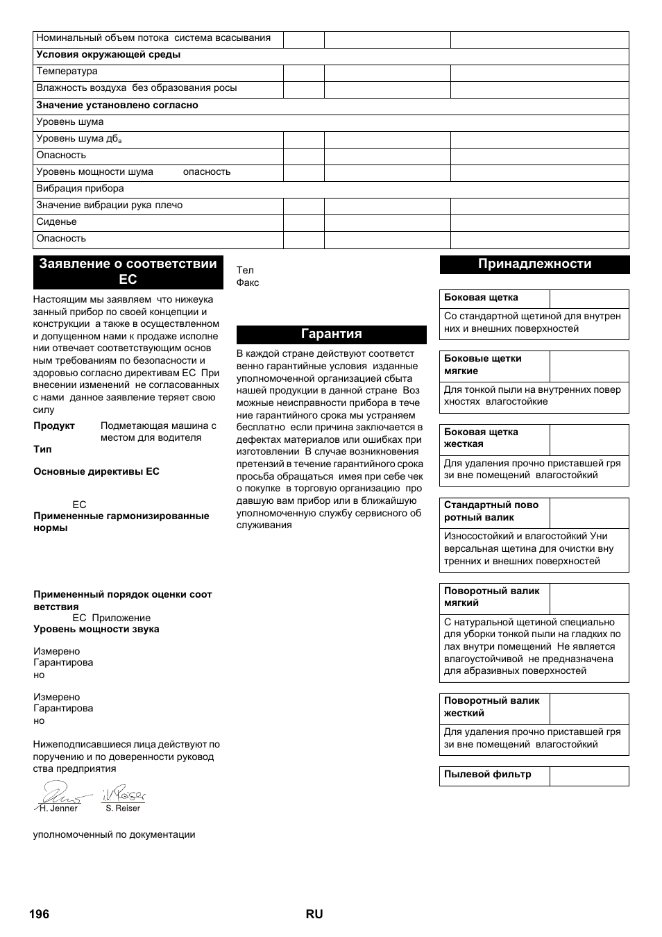 Заявление о соответствии ес, Гарантия принадлежности | Karcher KM 100-100 R P User Manual | Page 196 / 380