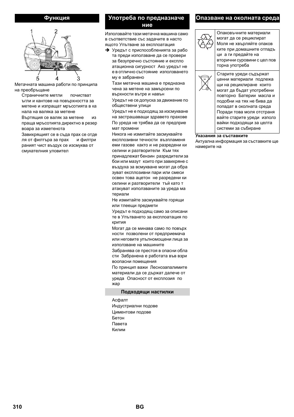 Функция употреба по предназначе- ние, Опазване на околната среда | Karcher KM 100-100 R P User Manual | Page 310 / 380