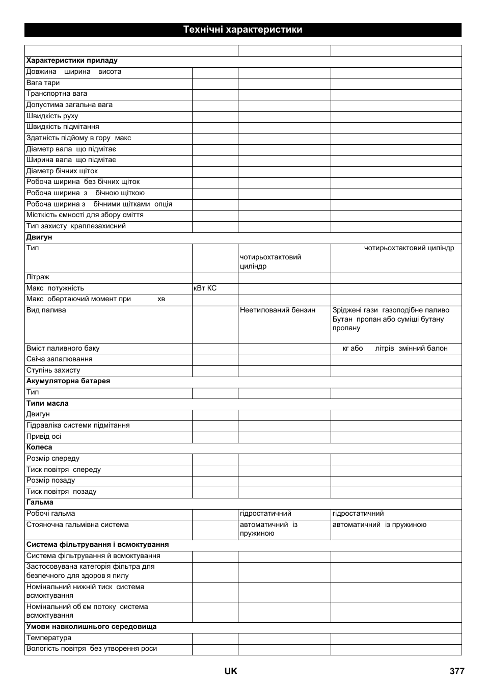 Технічні характеристики | Karcher KM 100-100 R P User Manual | Page 377 / 380