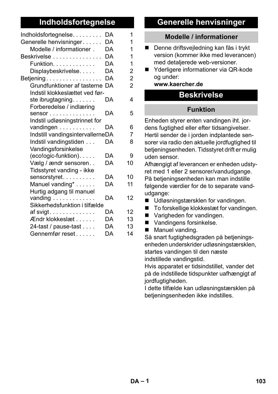 Dansk, Indholdsfortegnelse, Generelle henvisninger | Modelle / informationer, Beskrivelse, Funktion | Karcher SensorTimer TM ST6 DUO eco!ogic User Manual | Page 103 / 374
