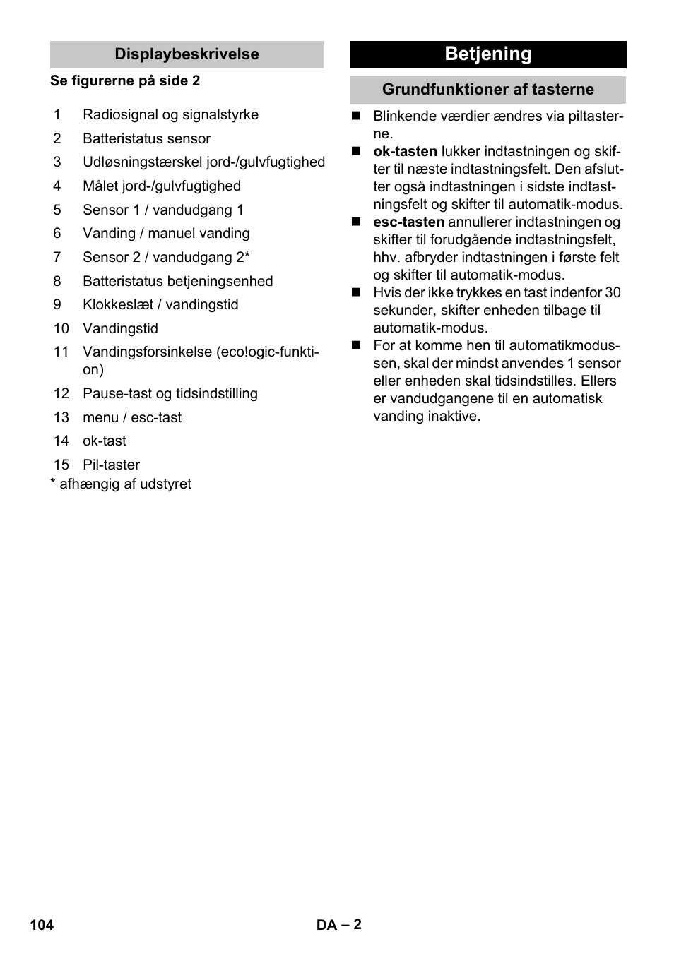 Displaybeskrivelse, Betjening, Grundfunktioner af tasterne | Karcher SensorTimer TM ST6 DUO eco!ogic User Manual | Page 104 / 374