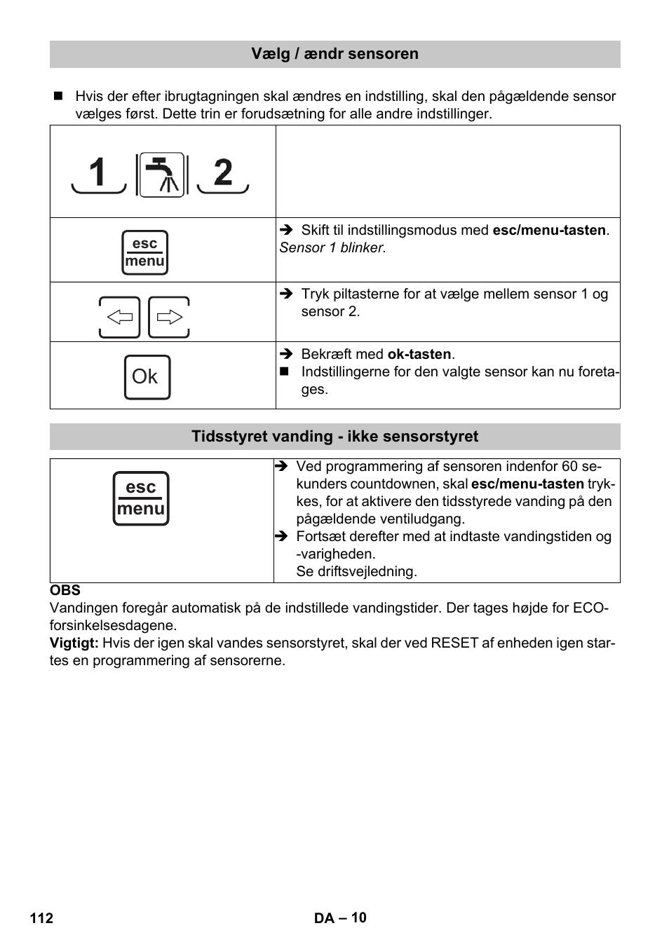 Vælg / ændr sensoren, Tidsstyret vanding - ikke sensorstyret, Esc menu | Karcher SensorTimer TM ST6 DUO eco!ogic User Manual | Page 112 / 374