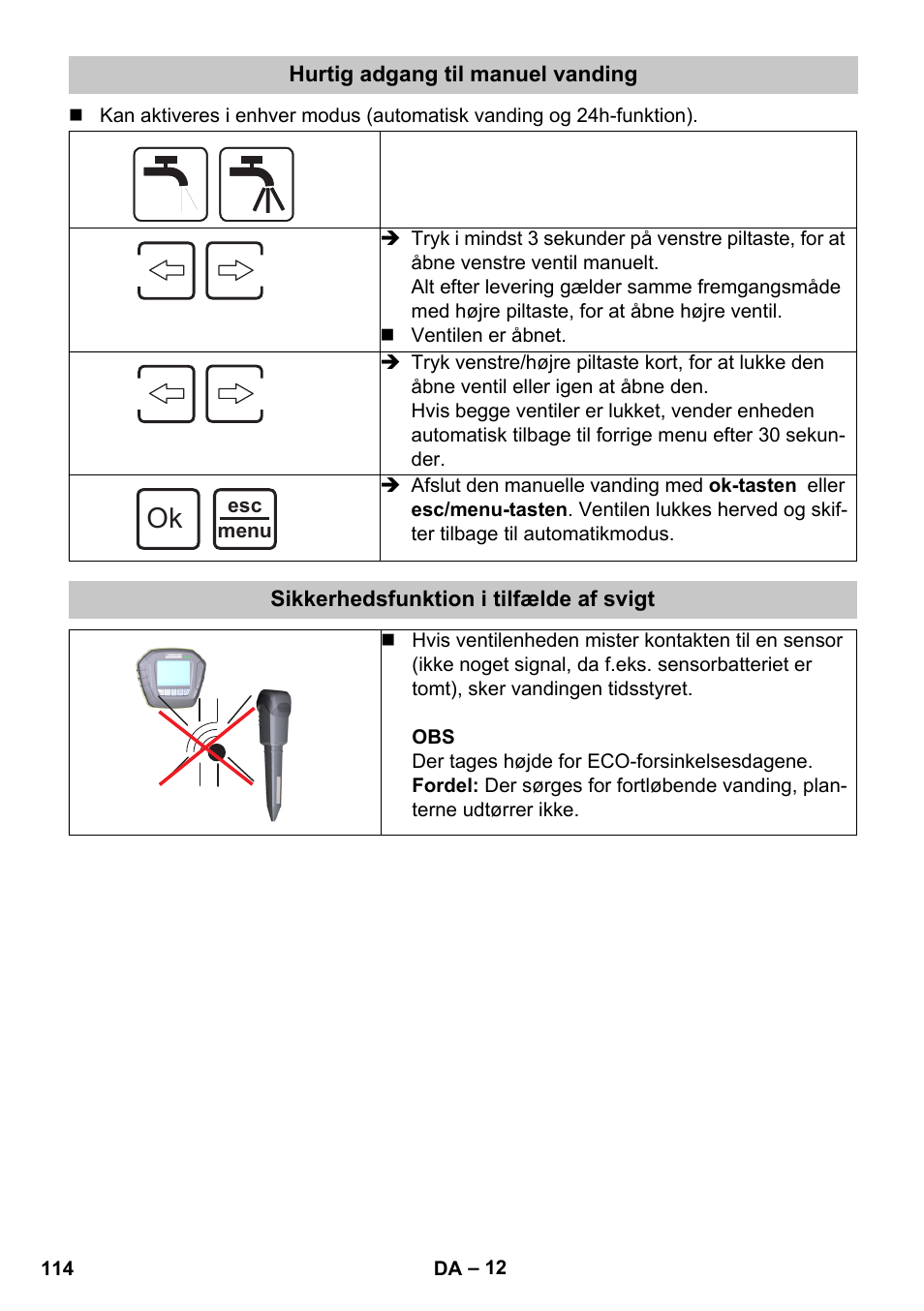 Hurtig adgang til manuel vanding, Sikkerhedsfunktion i tilfælde af svigt | Karcher SensorTimer TM ST6 DUO eco!ogic User Manual | Page 114 / 374
