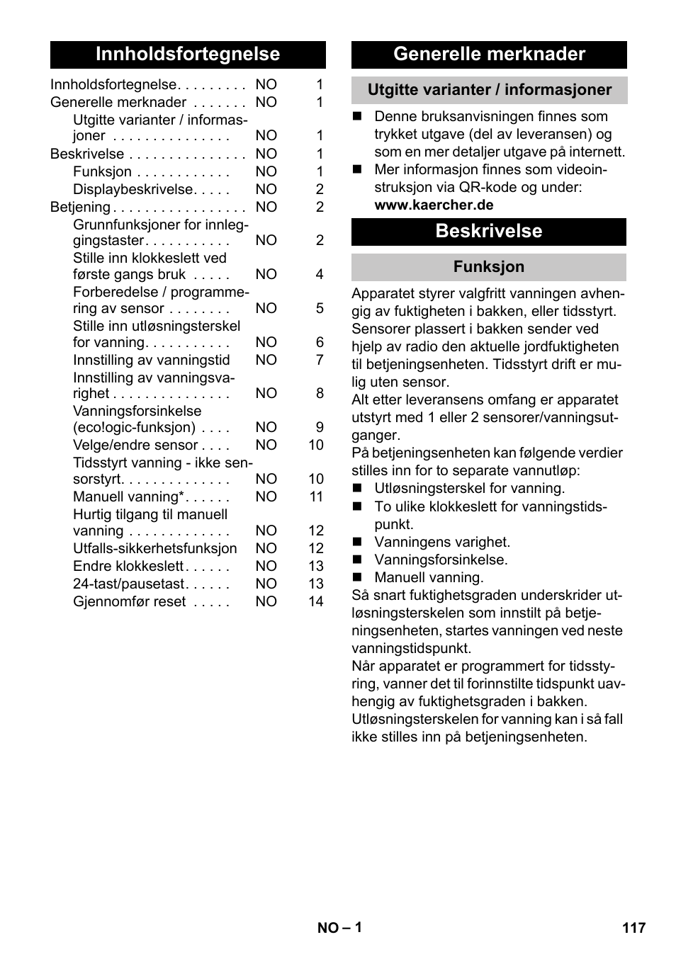 Norsk, Innholdsfortegnelse, Generelle merknader | Utgitte varianter / informasjoner, Beskrivelse, Funksjon | Karcher SensorTimer TM ST6 DUO eco!ogic User Manual | Page 117 / 374