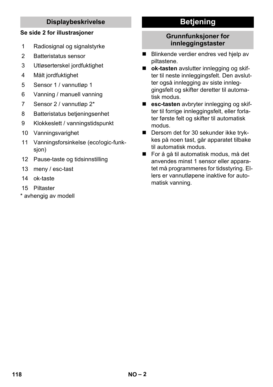 Displaybeskrivelse, Betjening, Grunnfunksjoner for innleggingstaster | Karcher SensorTimer TM ST6 DUO eco!ogic User Manual | Page 118 / 374