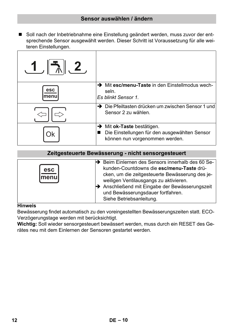 Sensor auswählen / ändern, Zeitgesteuerte bewässerung - nicht sensorgesteuert, Esc menu | Karcher SensorTimer TM ST6 DUO eco!ogic User Manual | Page 12 / 374