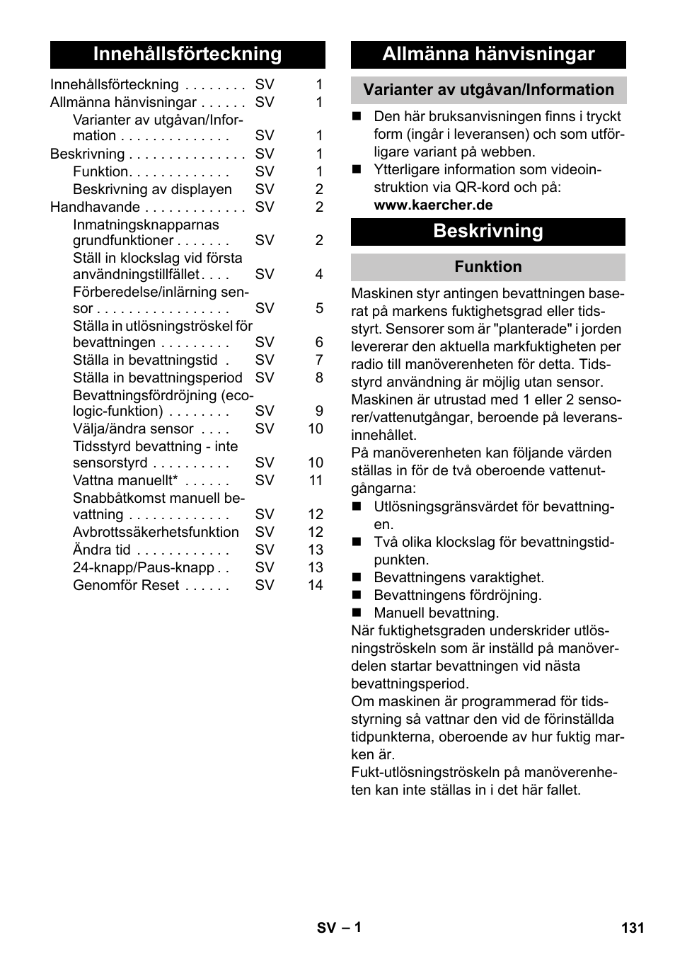 Svenska, Innehållsförteckning, Allmänna hänvisningar | Varianter av utgåvan/information, Beskrivning, Funktion | Karcher SensorTimer TM ST6 DUO eco!ogic User Manual | Page 131 / 374