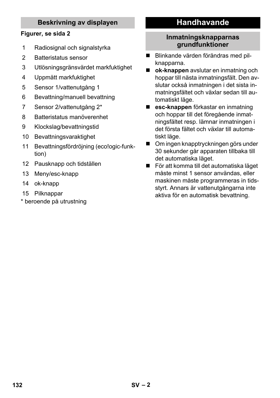 Beskrivning av displayen, Handhavande, Inmatningsknapparnas grundfunktioner | Karcher SensorTimer TM ST6 DUO eco!ogic User Manual | Page 132 / 374